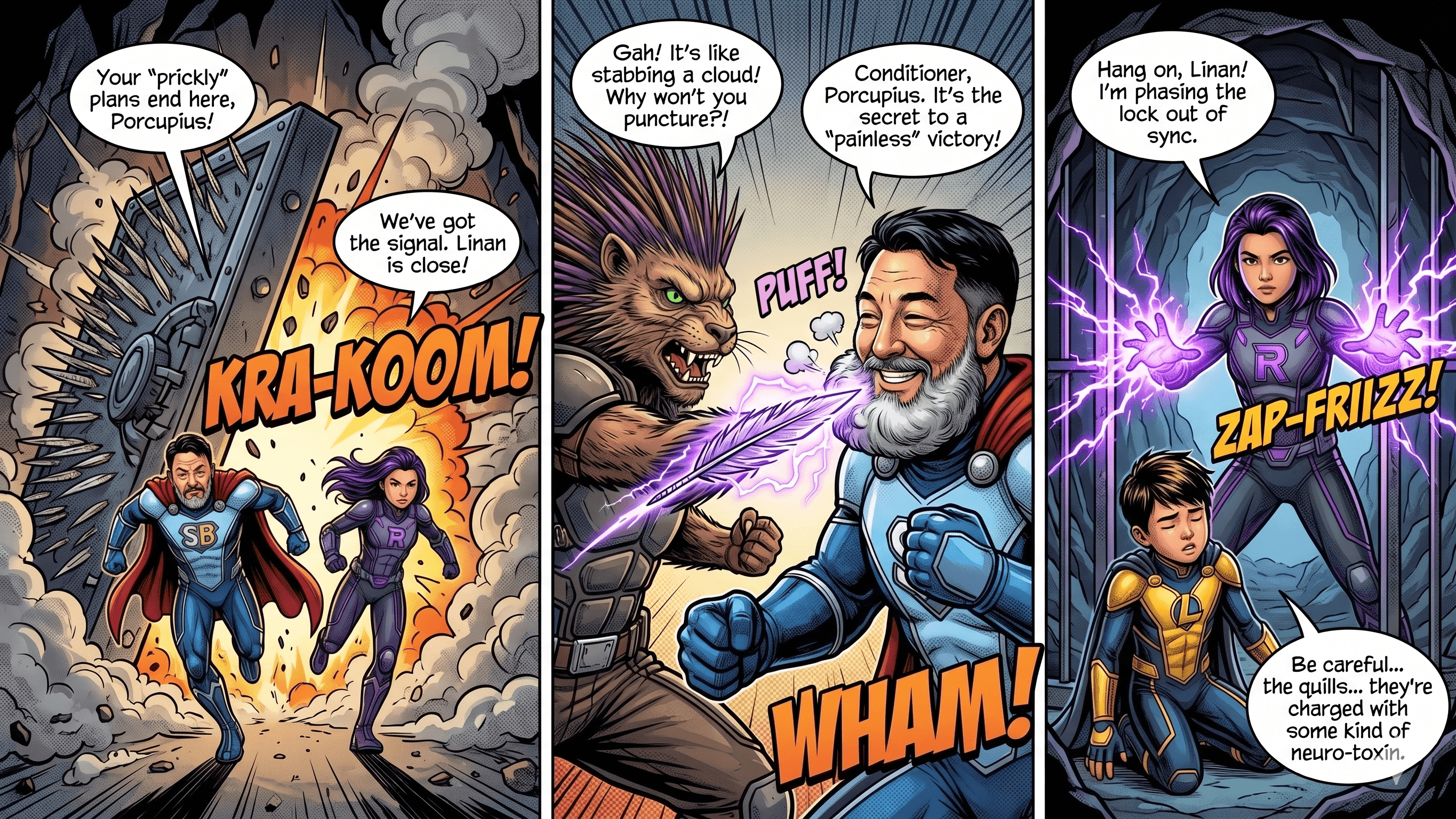 Page 4 — Captain Soft Beard arrives and deploys a conditioning PUFF against Porcupius's quills