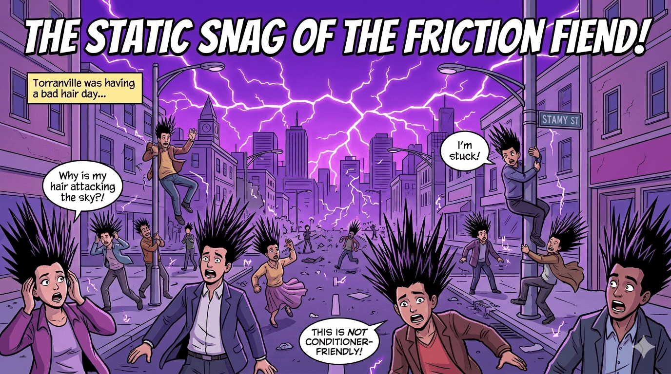 Splash — 'The Static Snag of the Friction Fiend!' Torranville has a bad hair day.