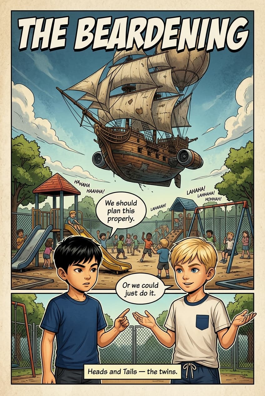 Playground splash. A pirate ship looms above. In the foreground, the twins Heads and Tails. Other kids play in the background. Banner title: THE BEARDENING.