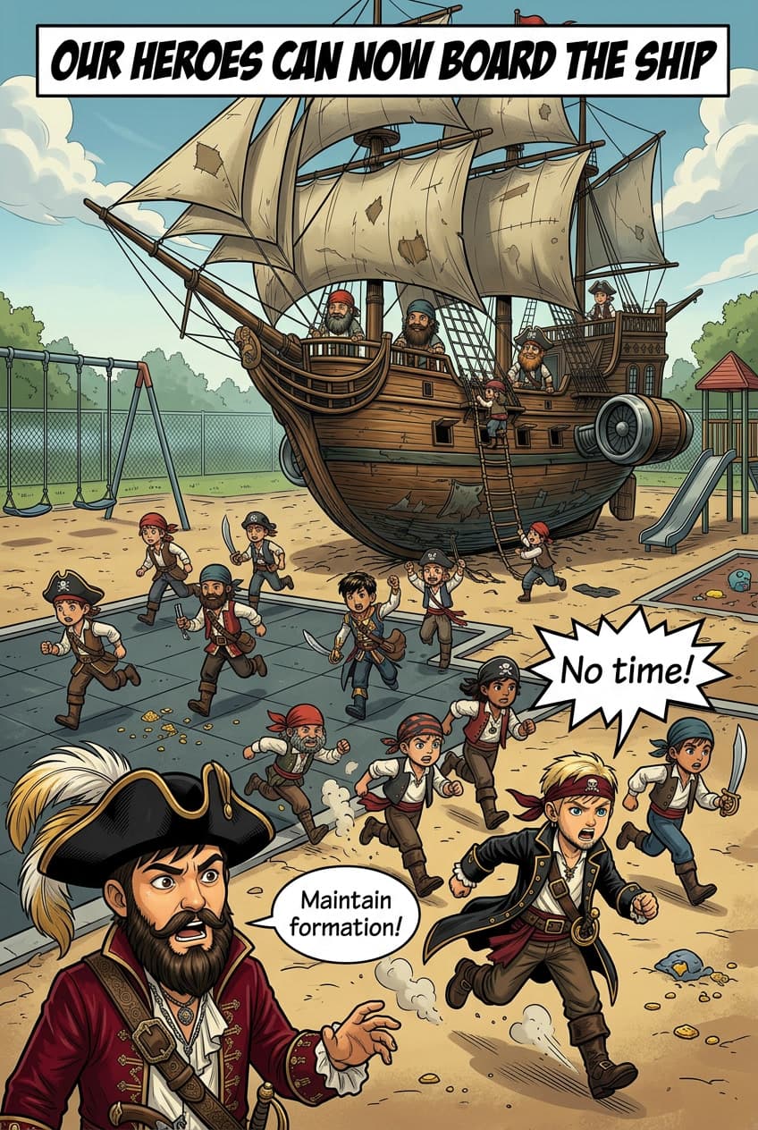 Pirate kids stream off the ship in chaos. Heads: 'Maintain formation!' Tails: 'No time!'