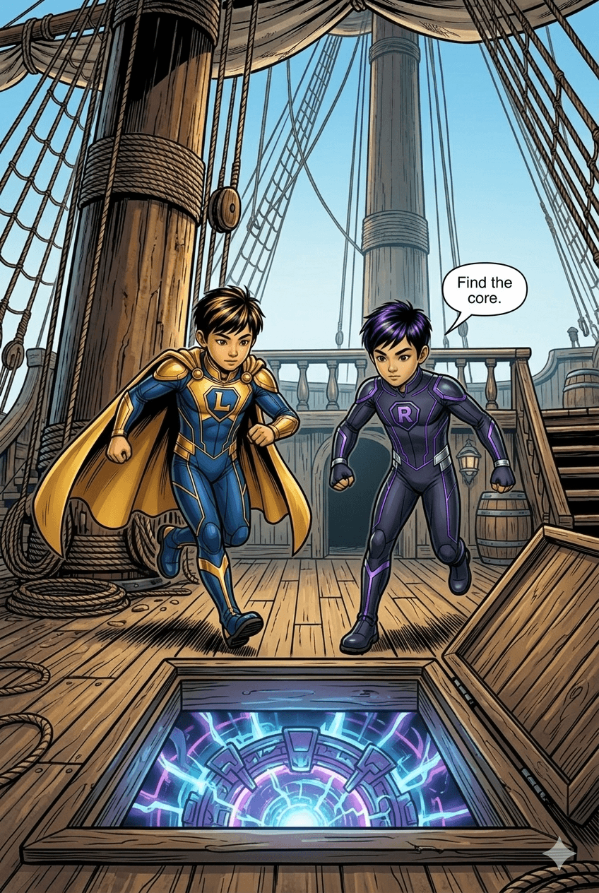 Empty deck. Linan and Ronan run toward the hatch. Ronan: 'Find the core.'