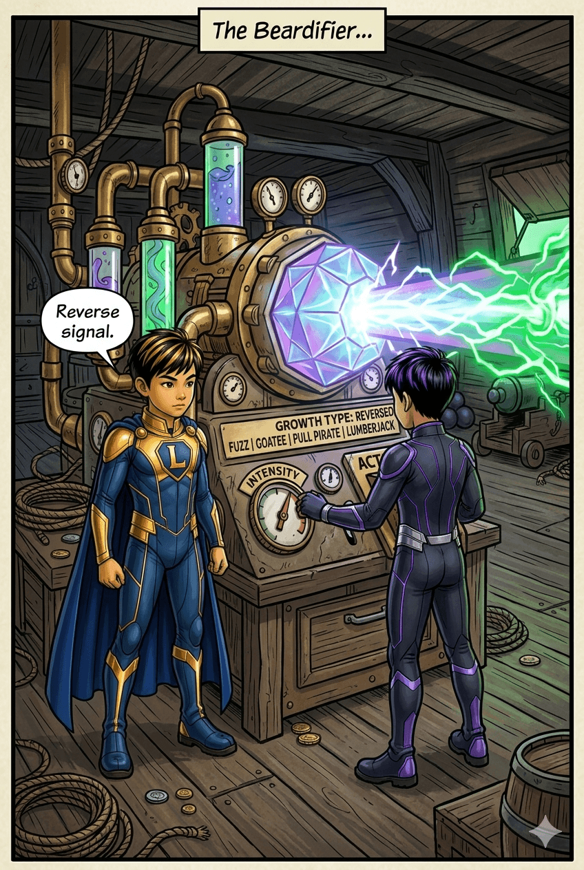Linan: 'Reverse signal.' Ronan: 'Done.' The Beardinator now emits a greenish light.