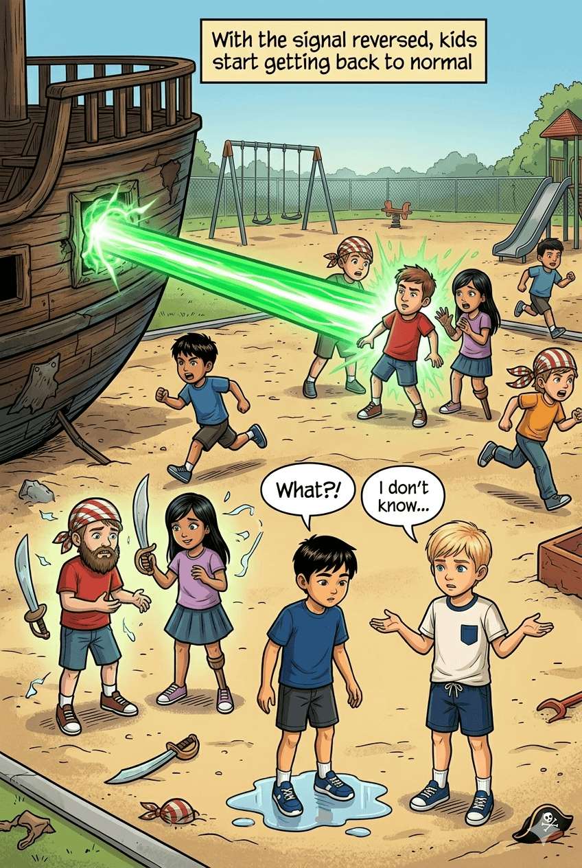 Playground. The ship now beams a green light. Pirate-kids turn back to normal. Heads, confused: 'What?!' Tails, shrugging: 'I don't know…'