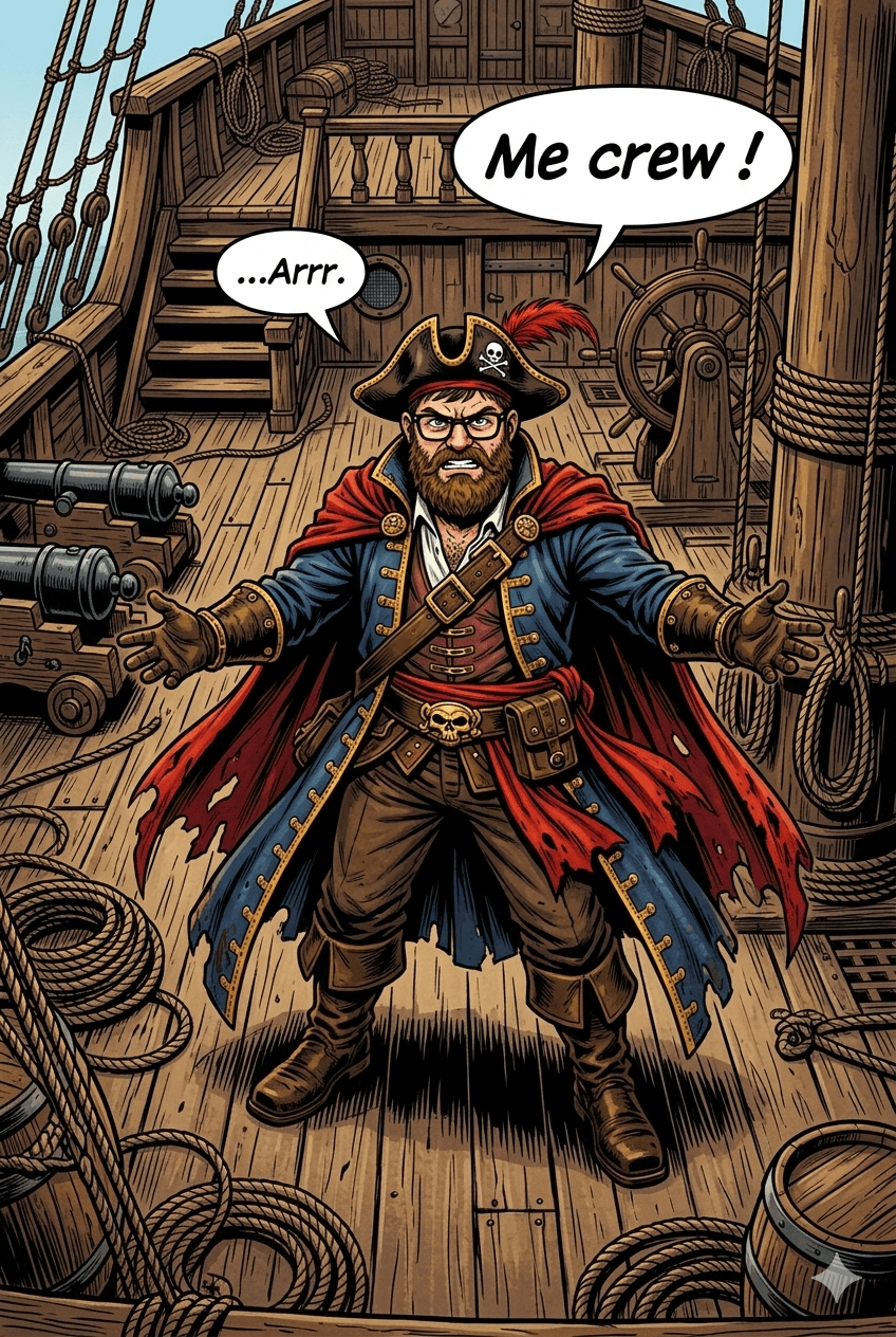 Spiky Beard alone on the empty ship deck, angry: '…Arrr. Me crew!'