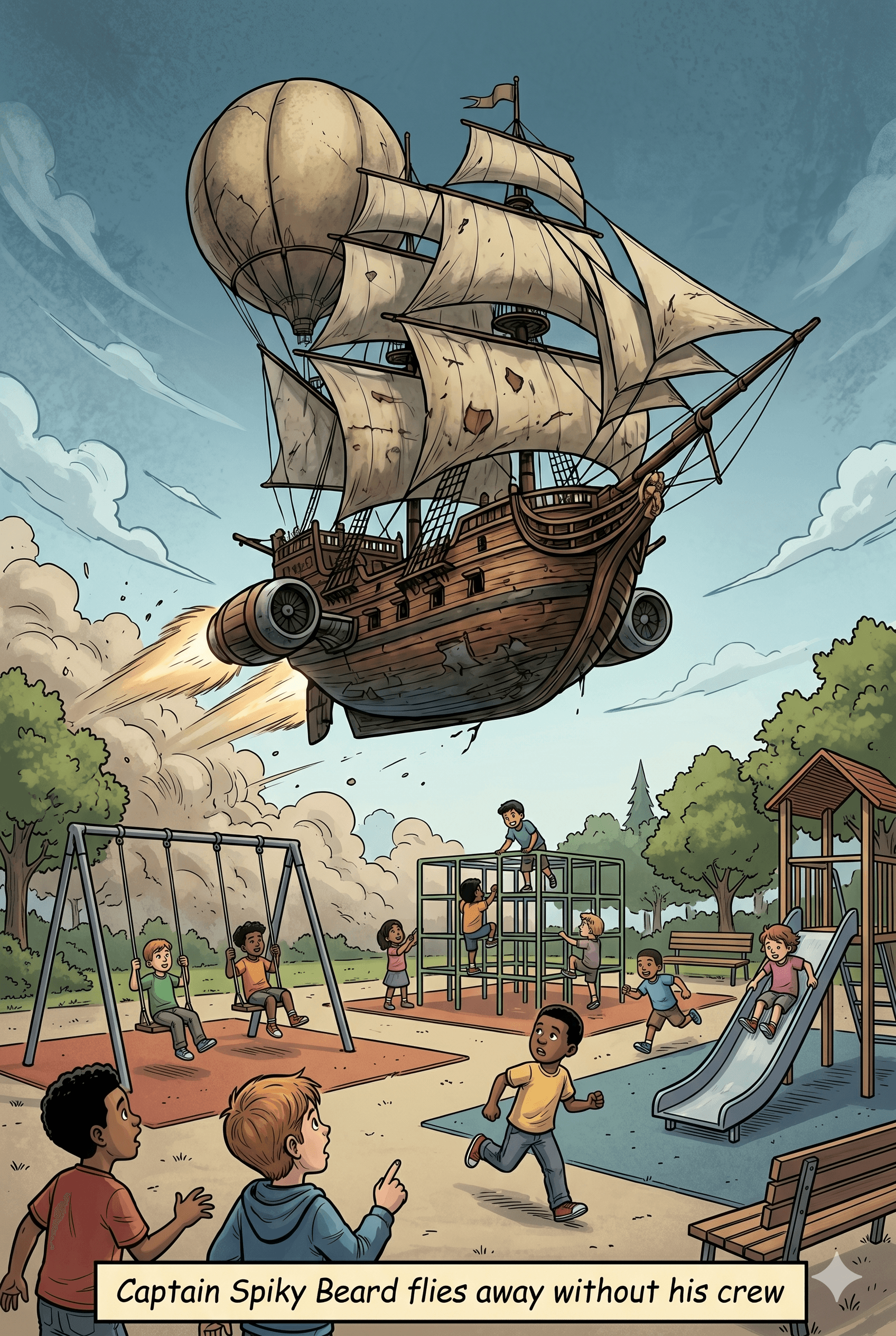The pirate ship lifts off, leaving the playground. Regular kids play below.