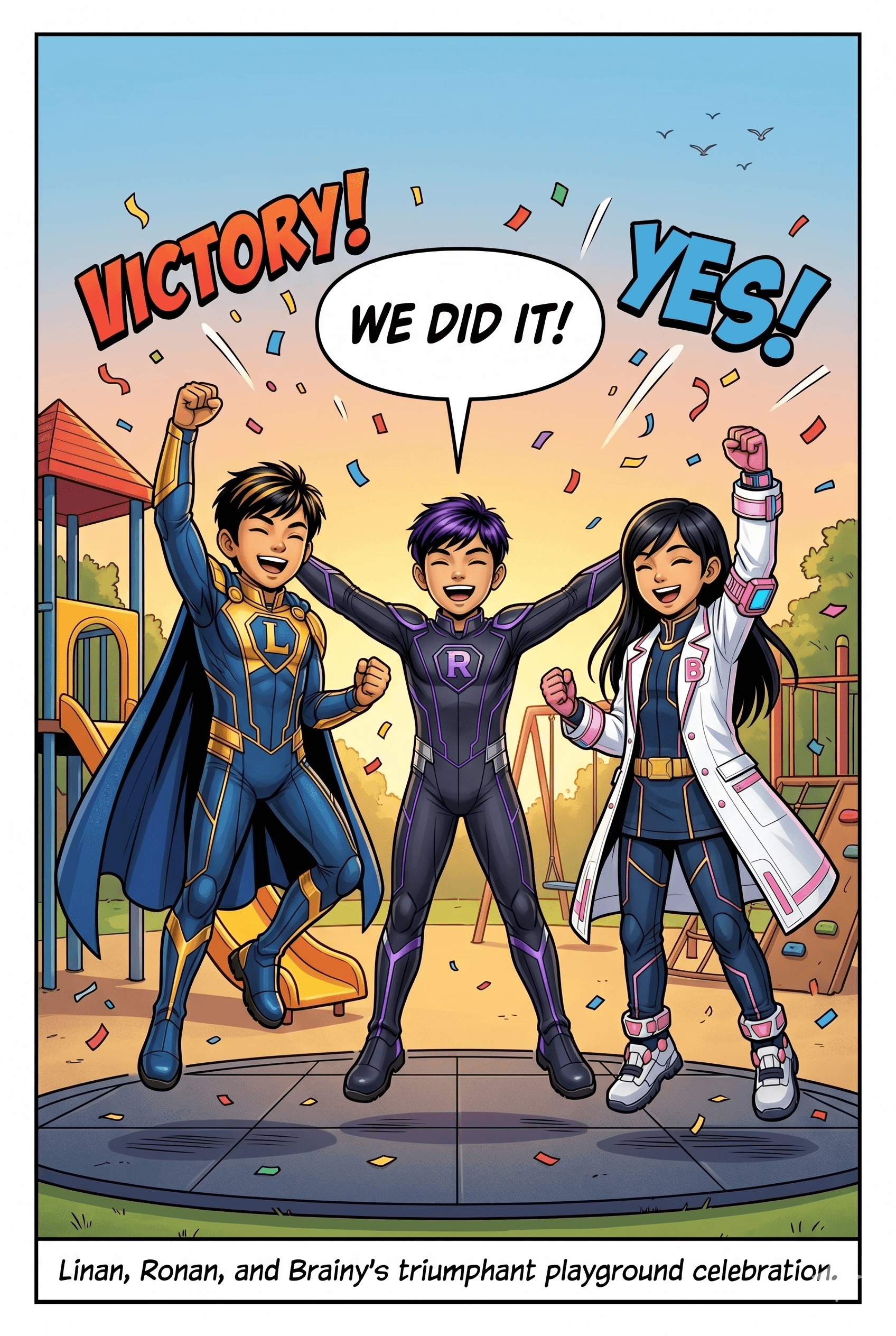 Linan, Ronan, and Brainy at the playground, in victory pose.