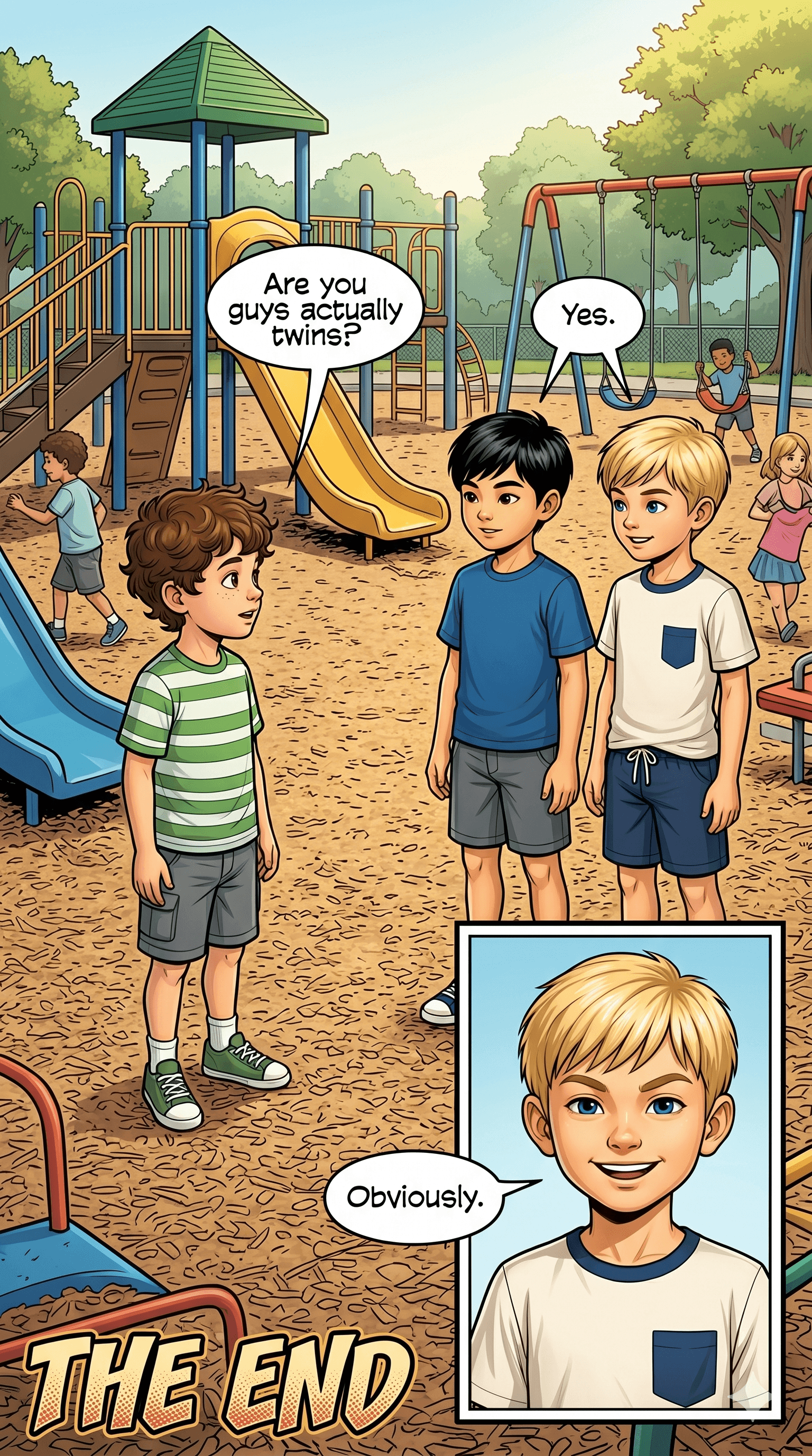 Playground. A random kid asks: 'Are you guys actually twins?' Heads & Tails, in sync: 'Yes.' Tails: 'Obviously.' THE END.
