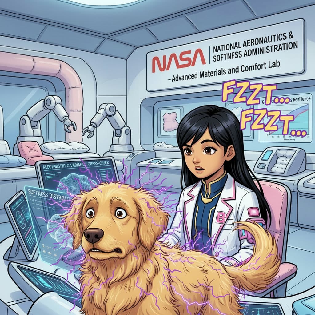 Yala the dog's fur frizzes out — FZZT FZZT — as Brainy looks on.