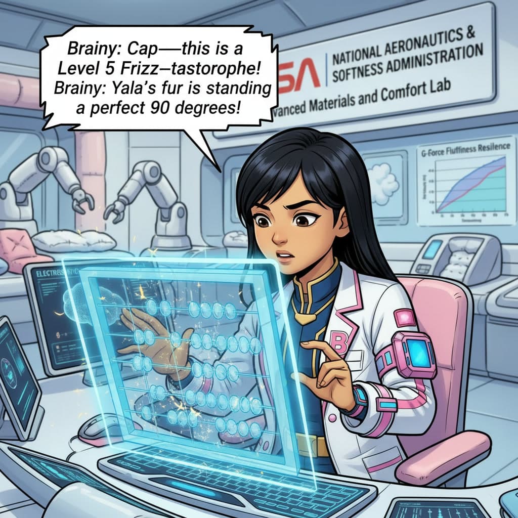 Brainy at a holo-screen: 'Cap — this is a Level 5 Frizz-tastrophe!'