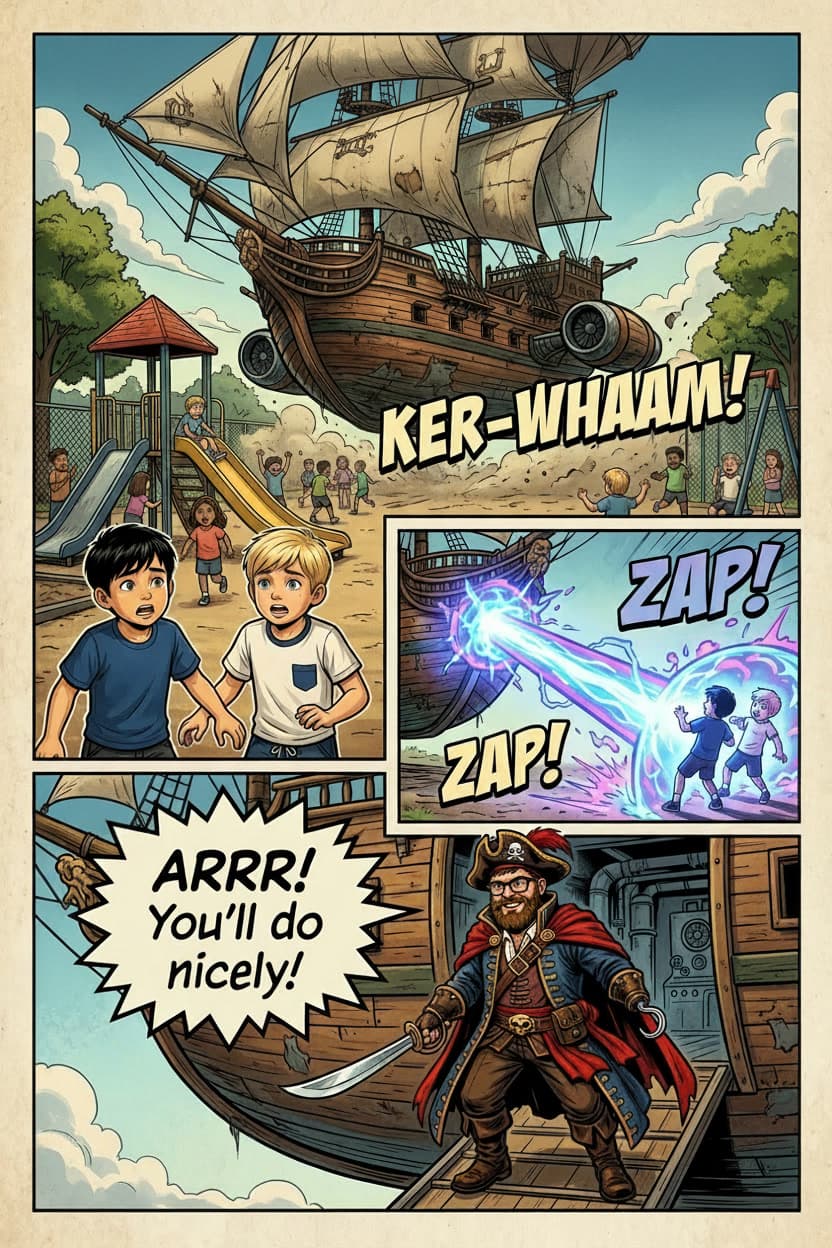 The ship lands. It shoots a beam at the twins. Spiky Beard: 'ARRR! You'll do nicely!'