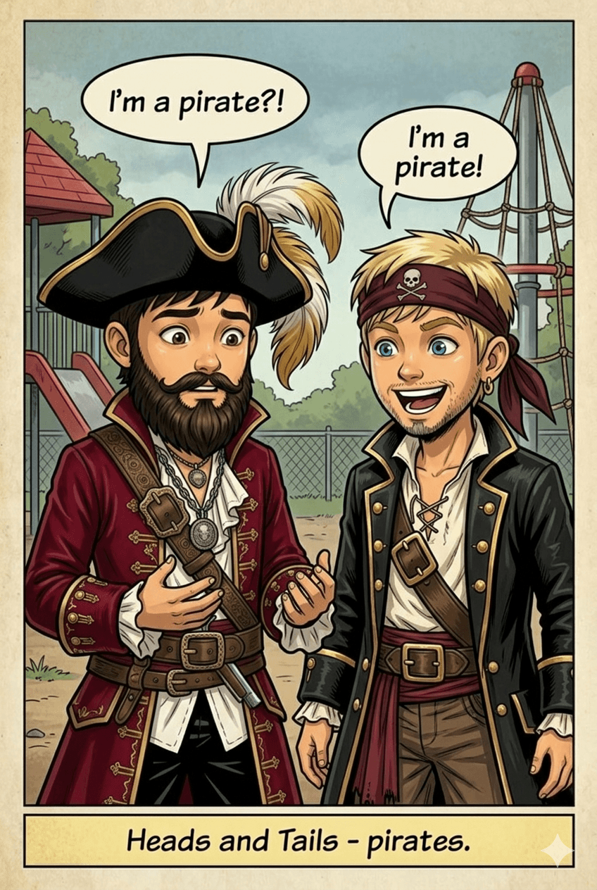 Close-up. Heads (confused): 'I'm a pirate?!' Tails (excited): 'I'm a pirate!'