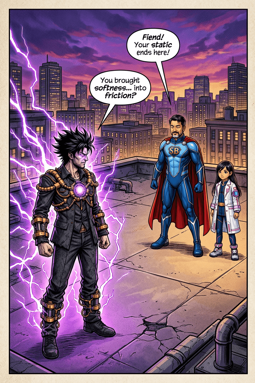Rooftop showdown. Cap and Brainy confront the Friction Fiend: 'Your static ends here!'