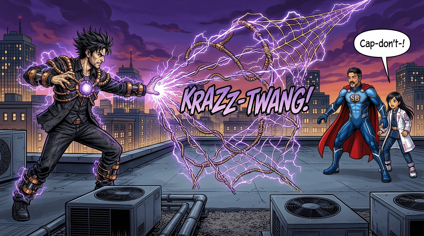 KRAZZ-TWANG! The Friction Fiend launches a crackling arc at Cap and Brainy.