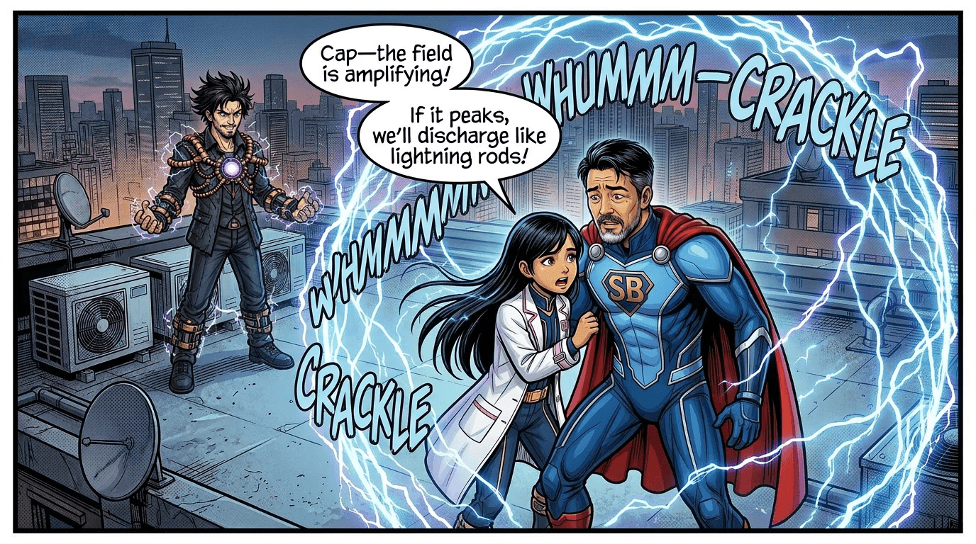 WHUMMMM-CRACKLE. The field amplifies around Cap and Brainy.