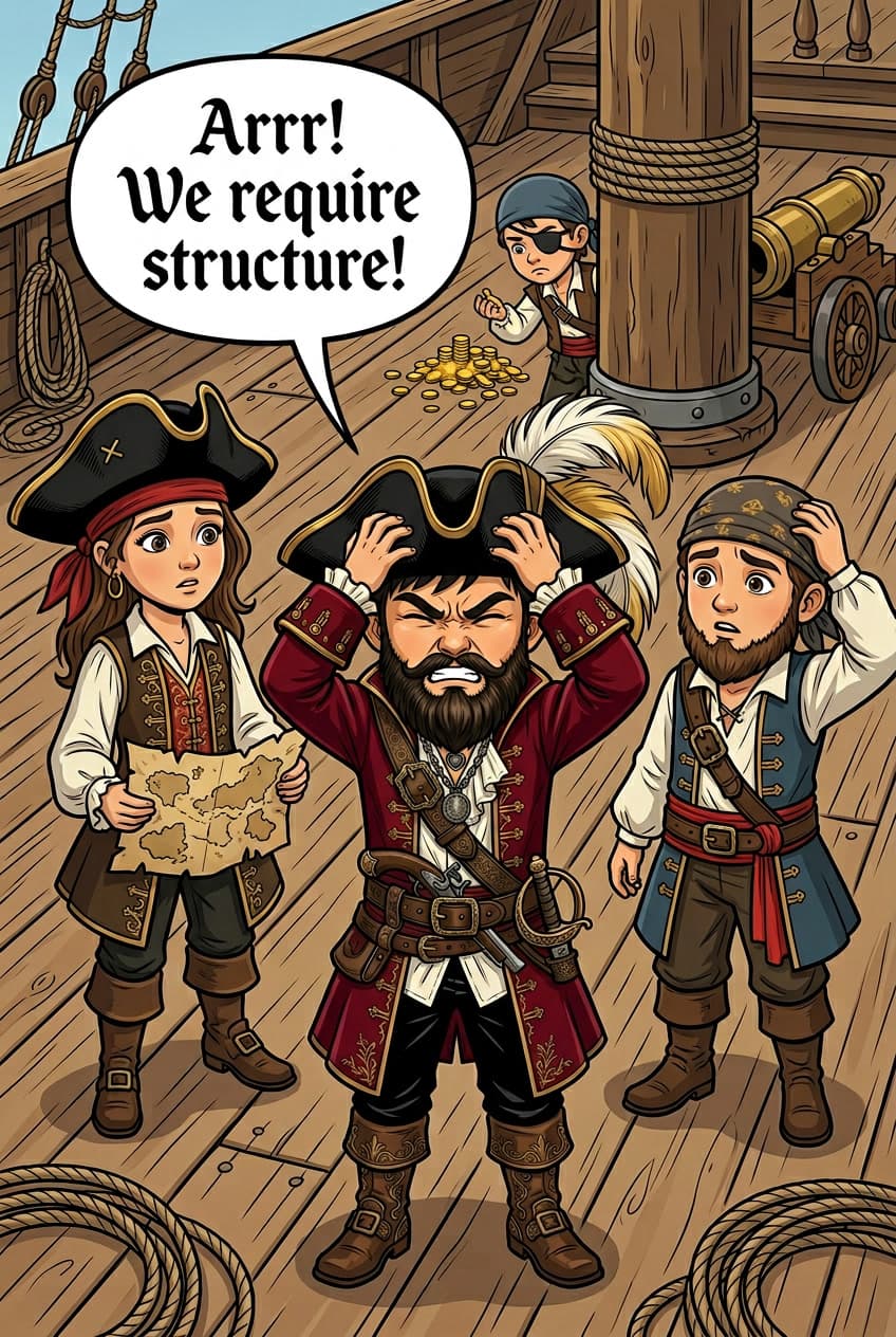 Aboard the pirate ship deck. Heads, now bearded, among other pirate kids. 'Arrr! We require structure!'