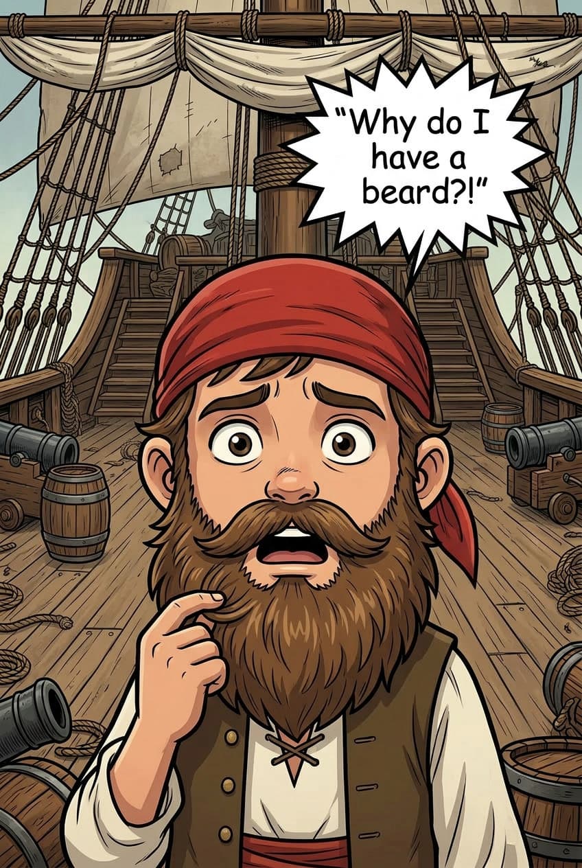 A random pirate kid with a beard, confused: 'Why do I have a beard?!'