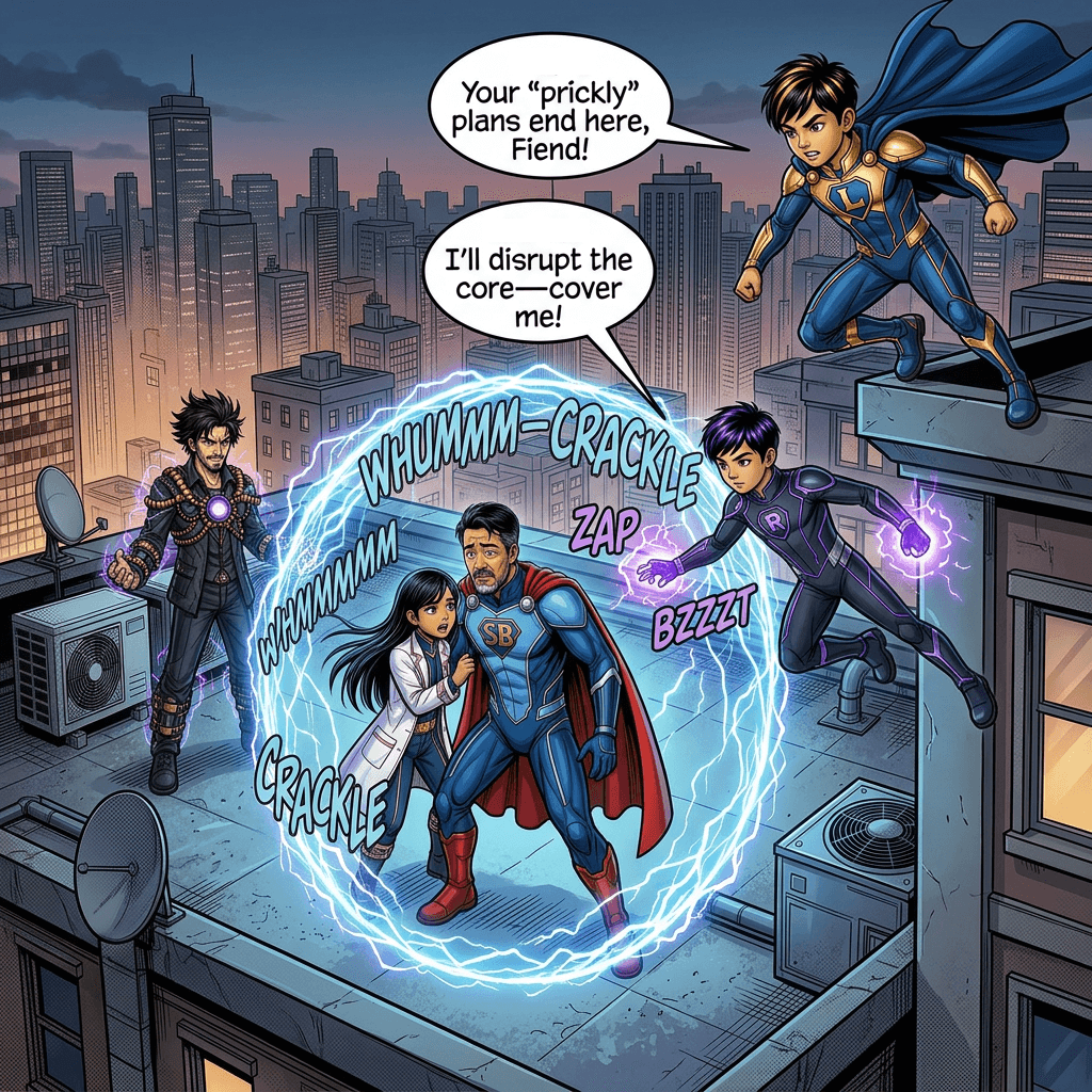 A new hero leaps onto the rooftop: 'Your prickly plans end here, Fiend! I'll disrupt the core — cover me!'