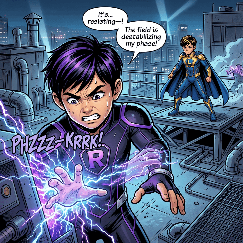 PHZZZ-KRRK! The R-hero pushes into the field: 'It's resisting — the field is destabilizing my phase!'