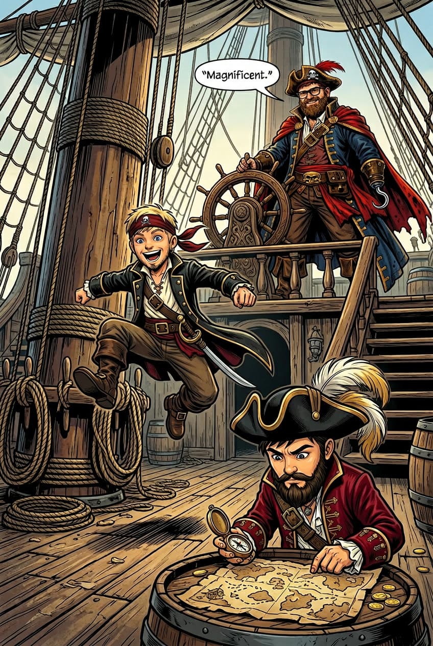 On deck: Heads leaps, Tails maps, Spiky Beard watches his new crew with amusement. 'Magnificent.'