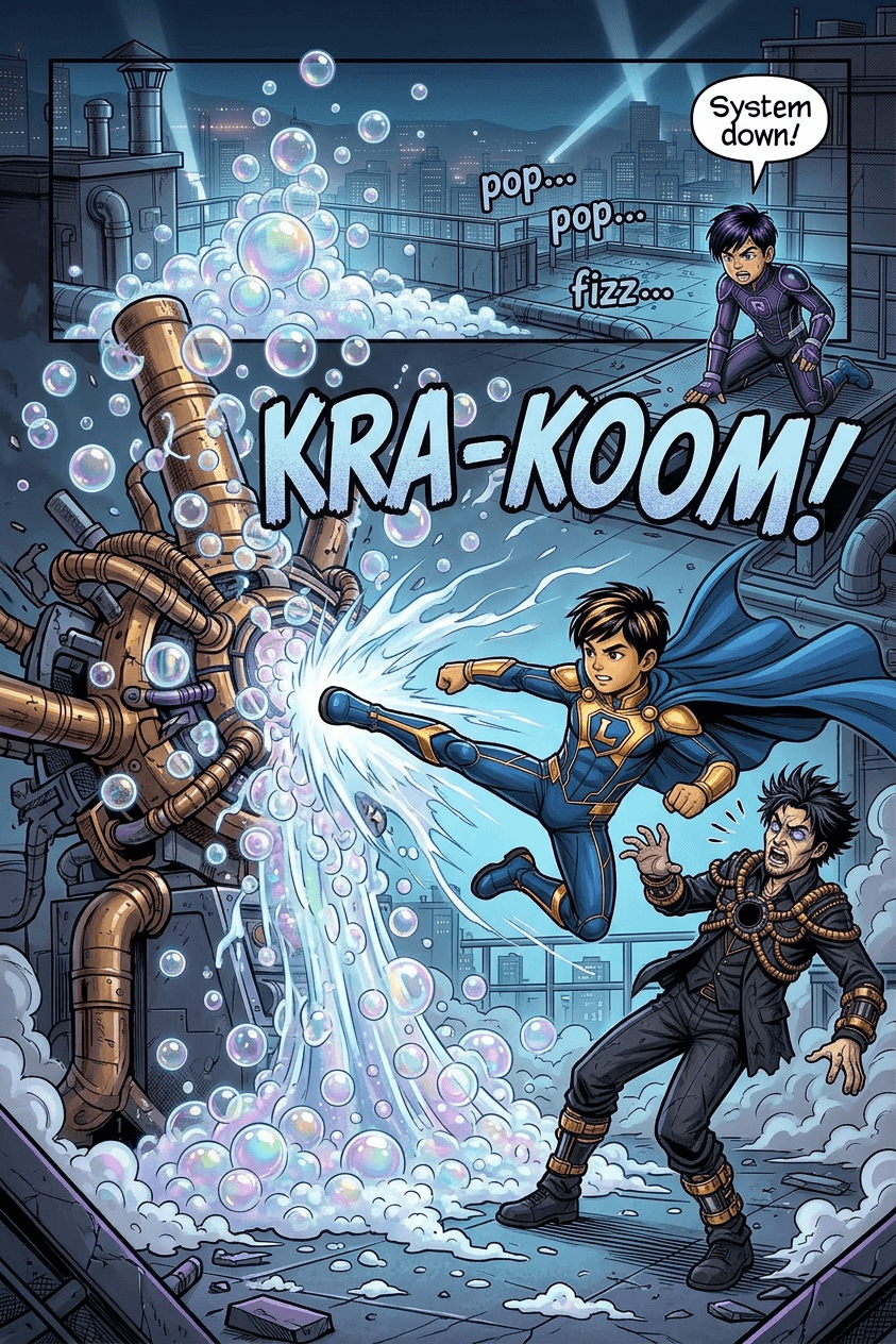 KRA-KOOM! The R-hero delivers the finishing kick — pop… pop… fizz… 'System down!'