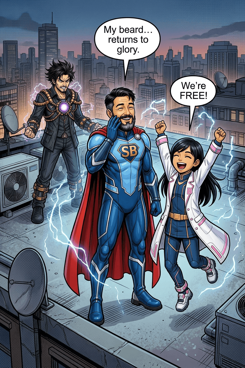 Cap beams beside Brainy: 'My beard… returns to glory.' 'We're FREE!'