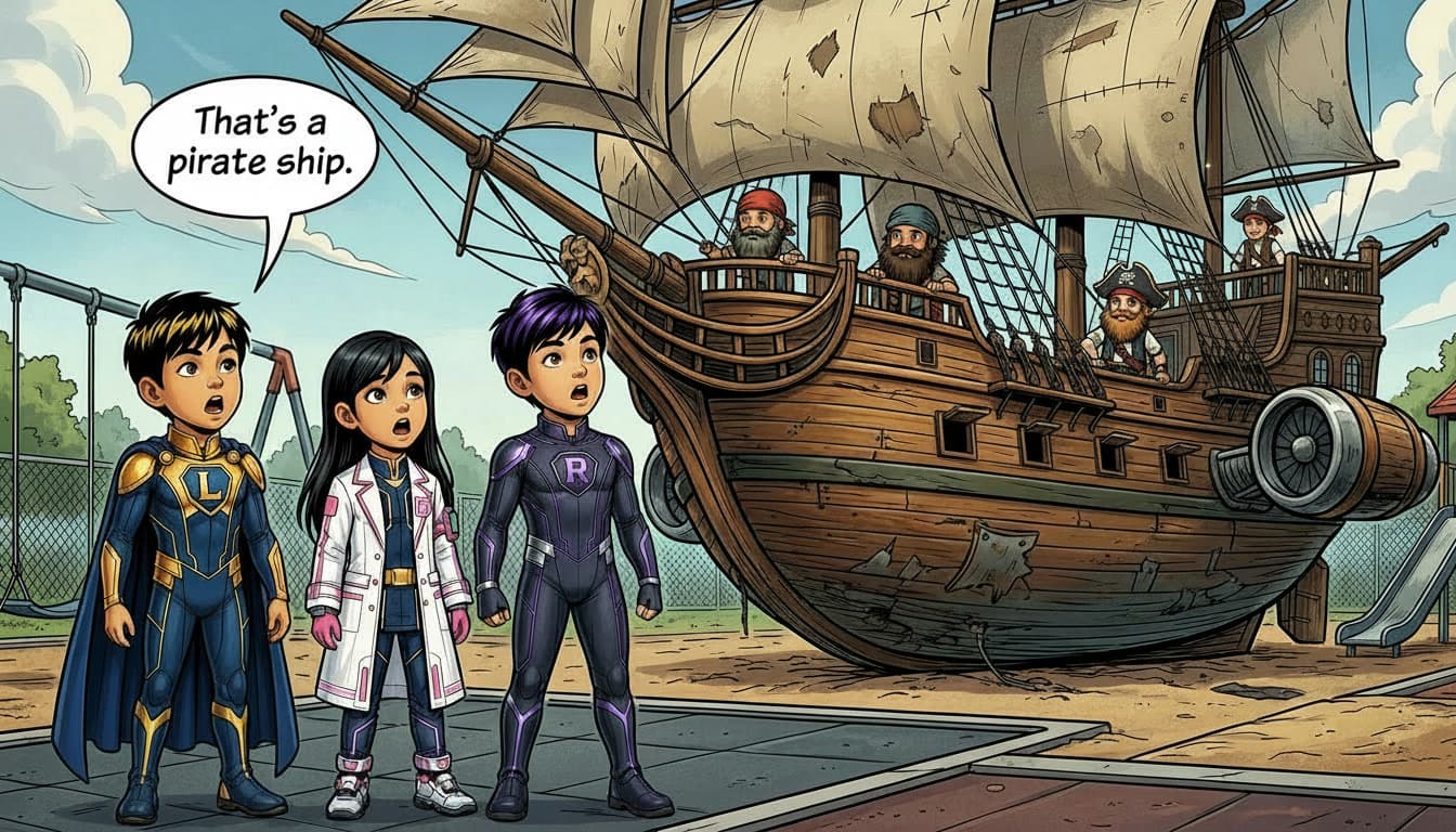Linan, Ronan, and Brainy arrive at the playground. The pirate ship has landed. They stare, astonished. Linan: 'That's a pirate ship.'