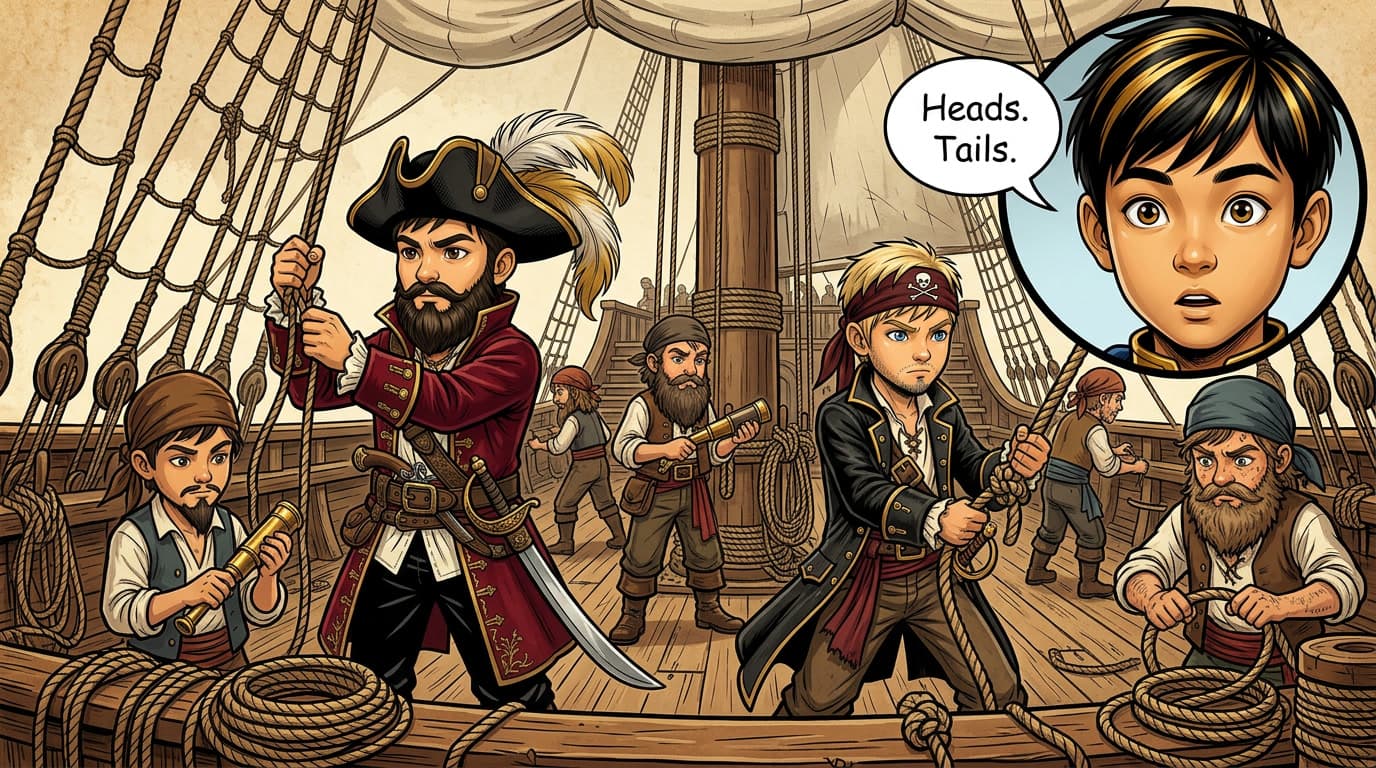 Closer: kid pirates on deck. Heads and Tails are among them. Linan in an inset circle: 'Heads. Tails.'