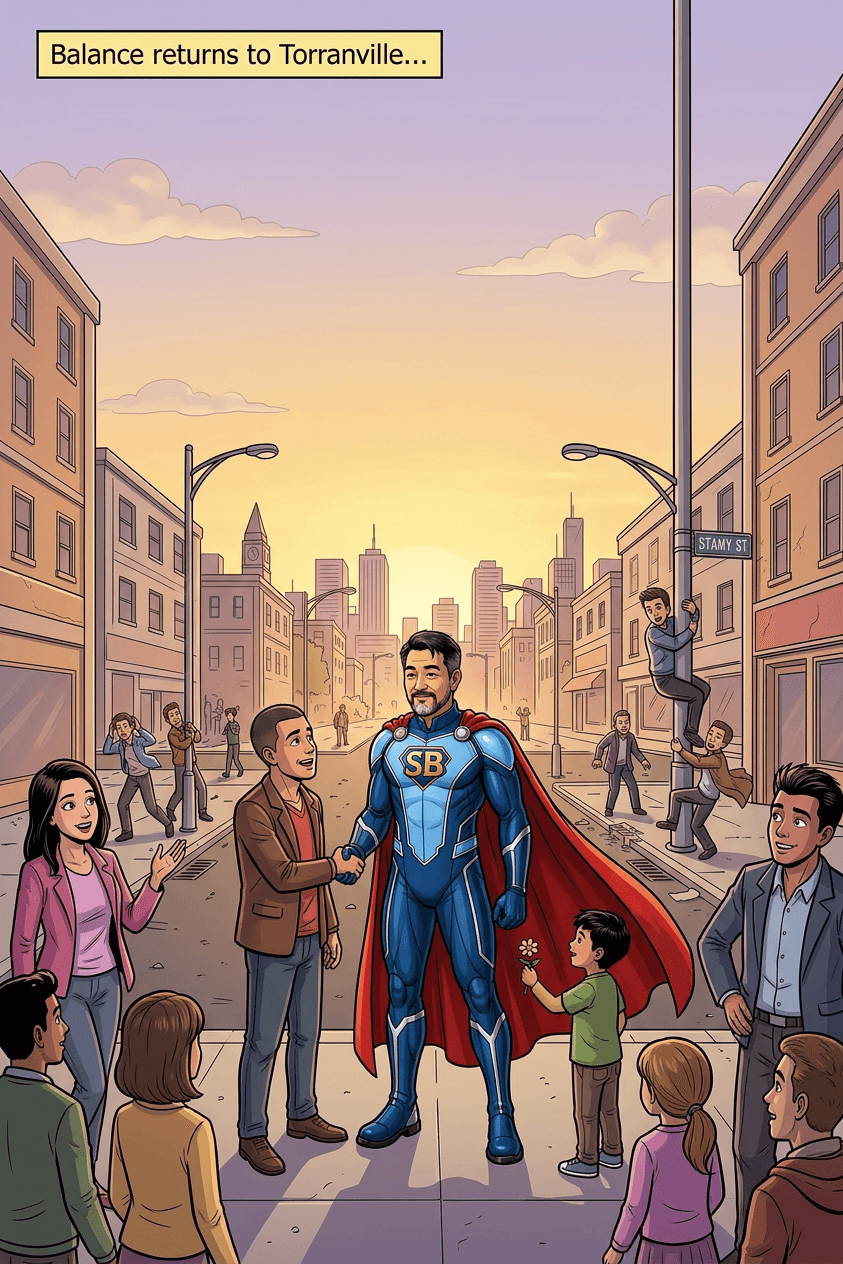 Balance returns to Torranville — citizens greet Captain Soft Beard on the street at sunset.