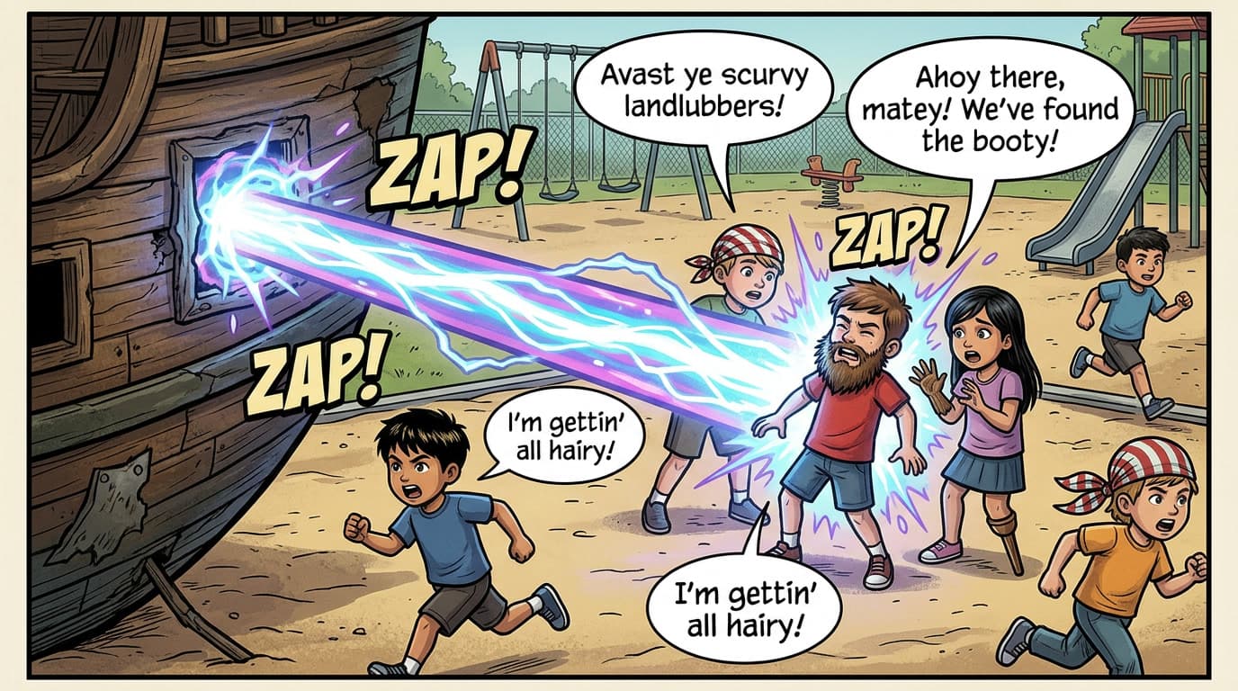 In the playground, the Beardifier still beams kids. Half-transformed kids run around shouting pirate stuff.