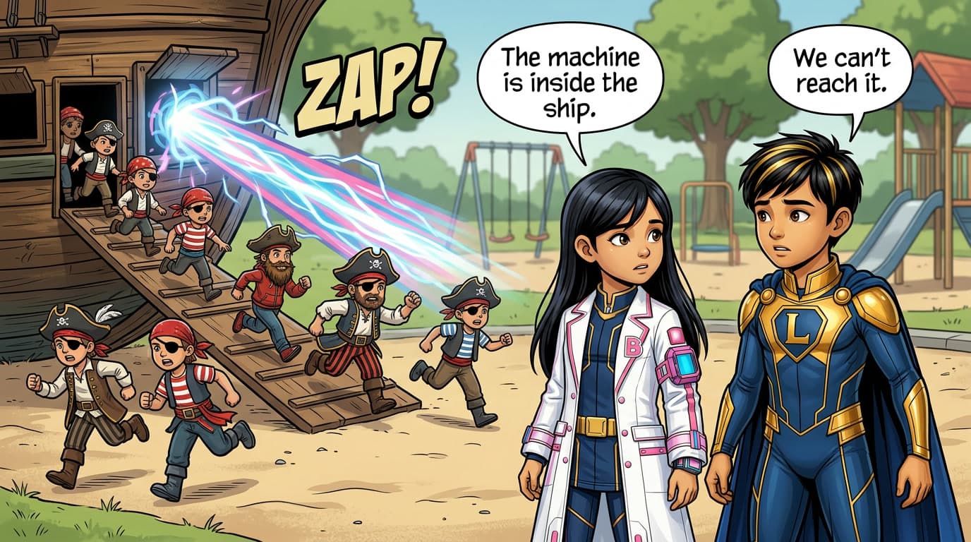 Brainy and Linan in the foreground, ship in the background still beaming. Brainy: 'The machine is inside the ship.' Linan: 'We can't reach it.'