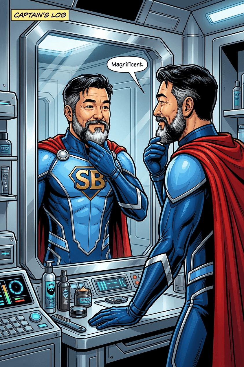 Captain's Log: Cap admires his reflection — 'Magnificent.'