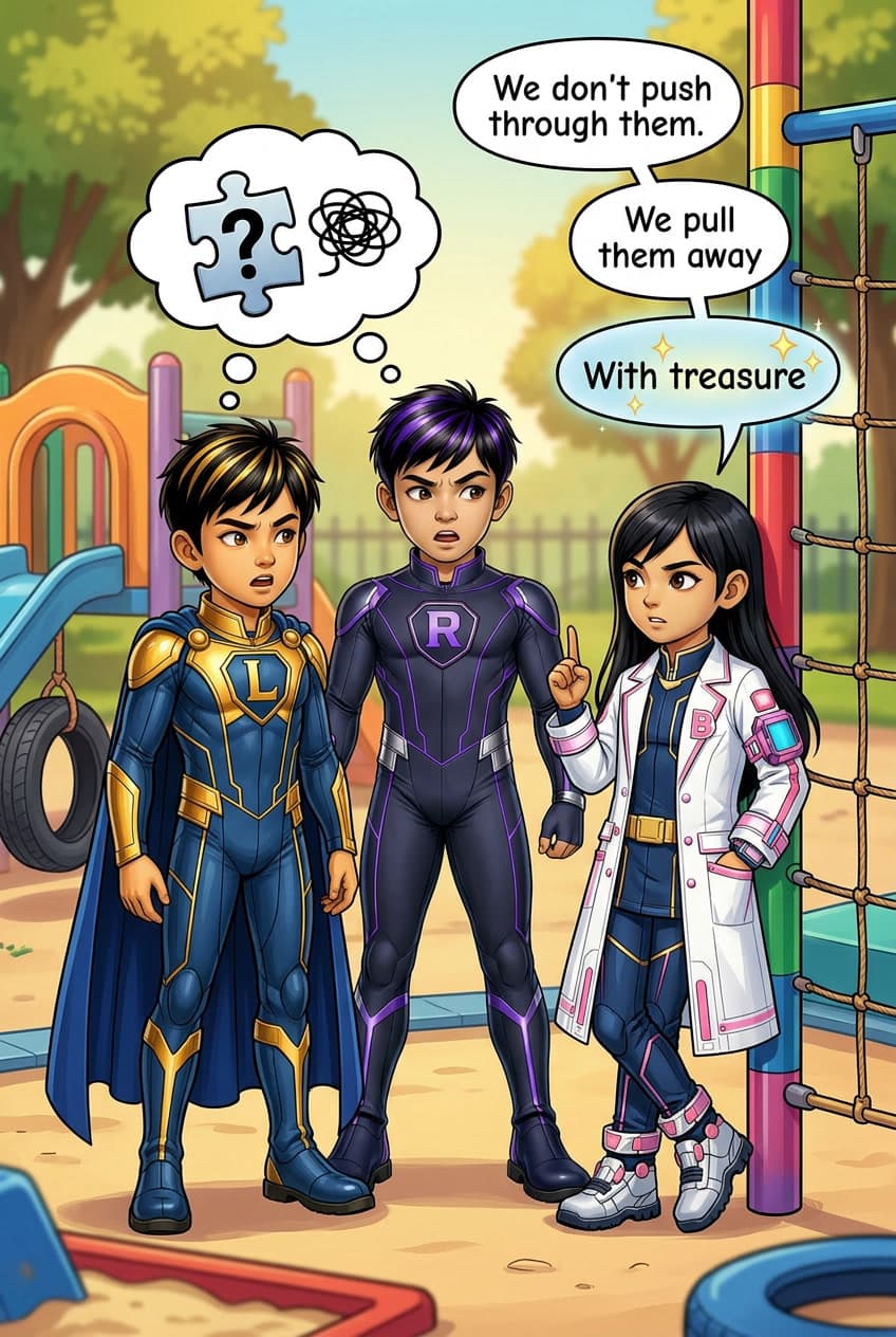 Close-up of heroes at the playground. Brainy: 'We don't push through them. We pull them away. With treasure.' Linan and Ronan look at him, confused.