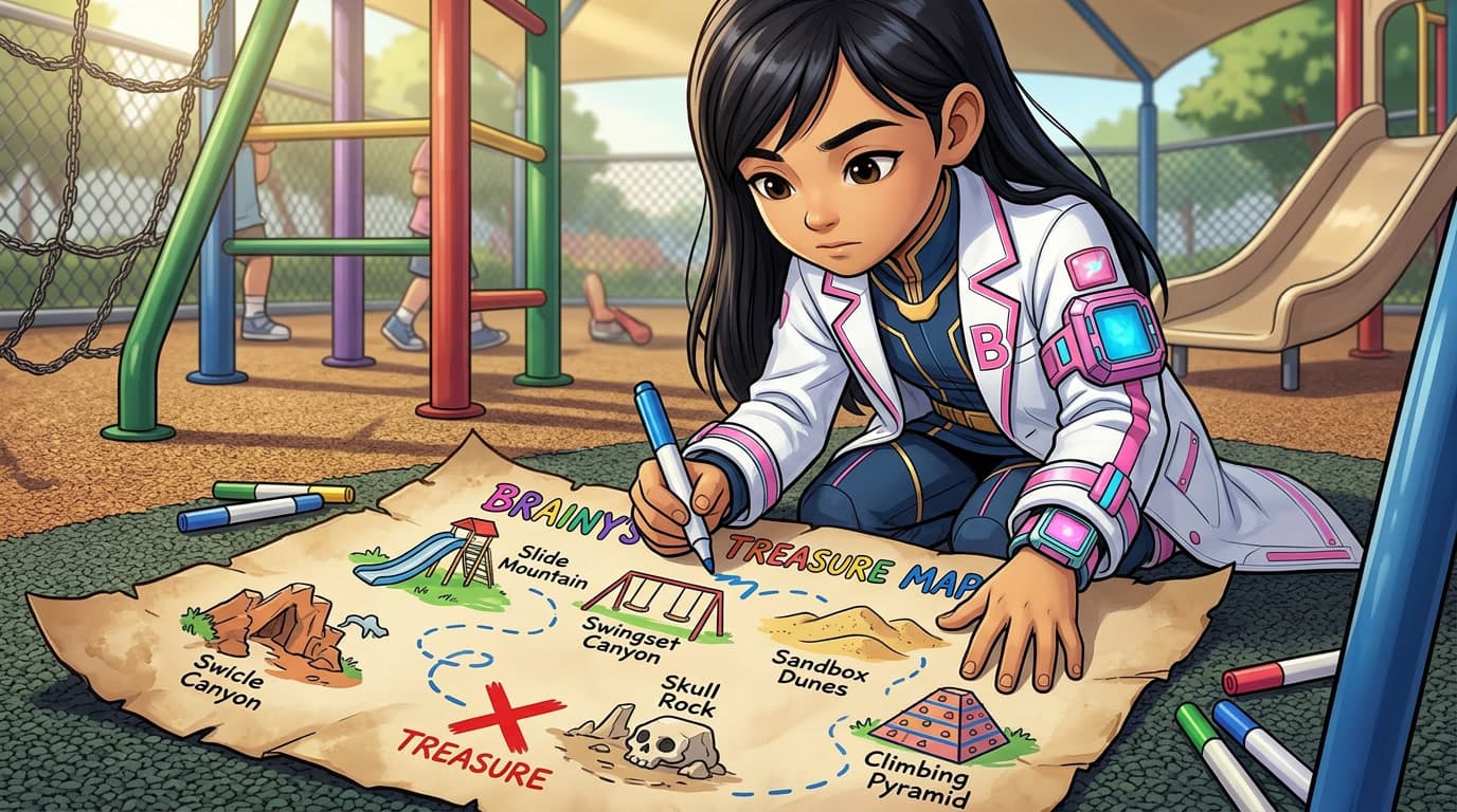 Brainy draws a treasure map at the playground.