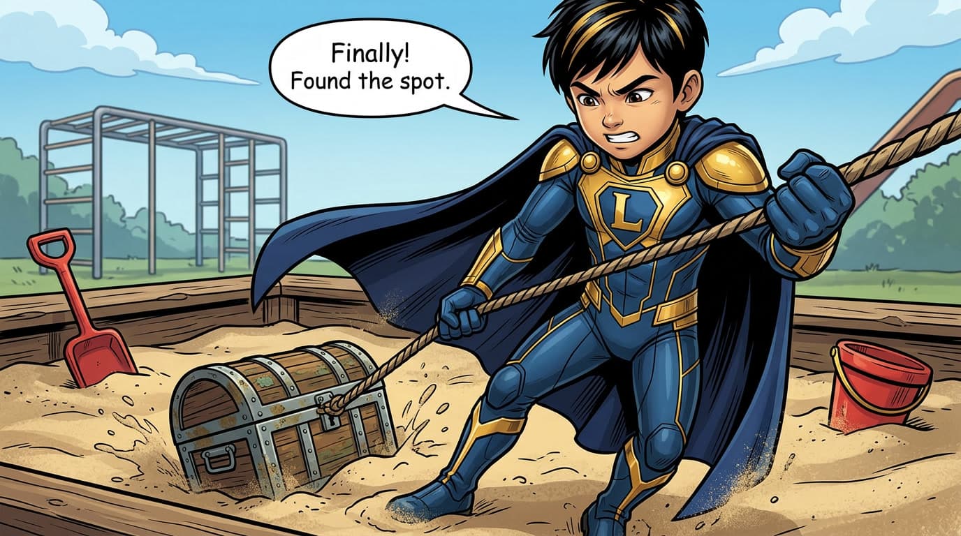 Linan drags a treasure chest to the sand area.