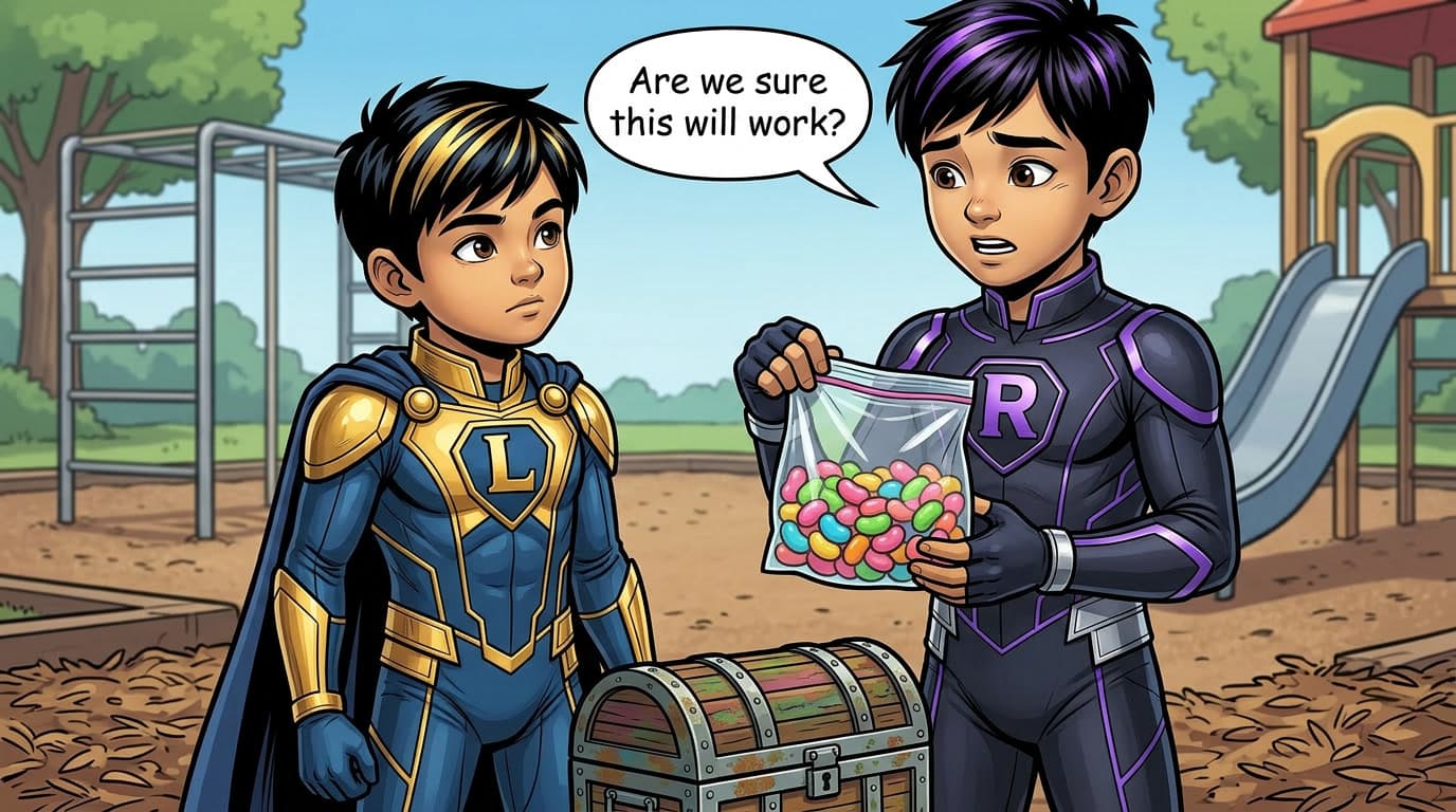 Ronan holds jelly beans next to the chest and Linan. Ronan: 'Are we sure this will work?'