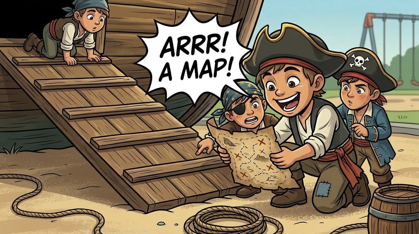 A random pirate kid finds the map, euphoric: 'ARRR! A MAP!' The crew gathers to look.