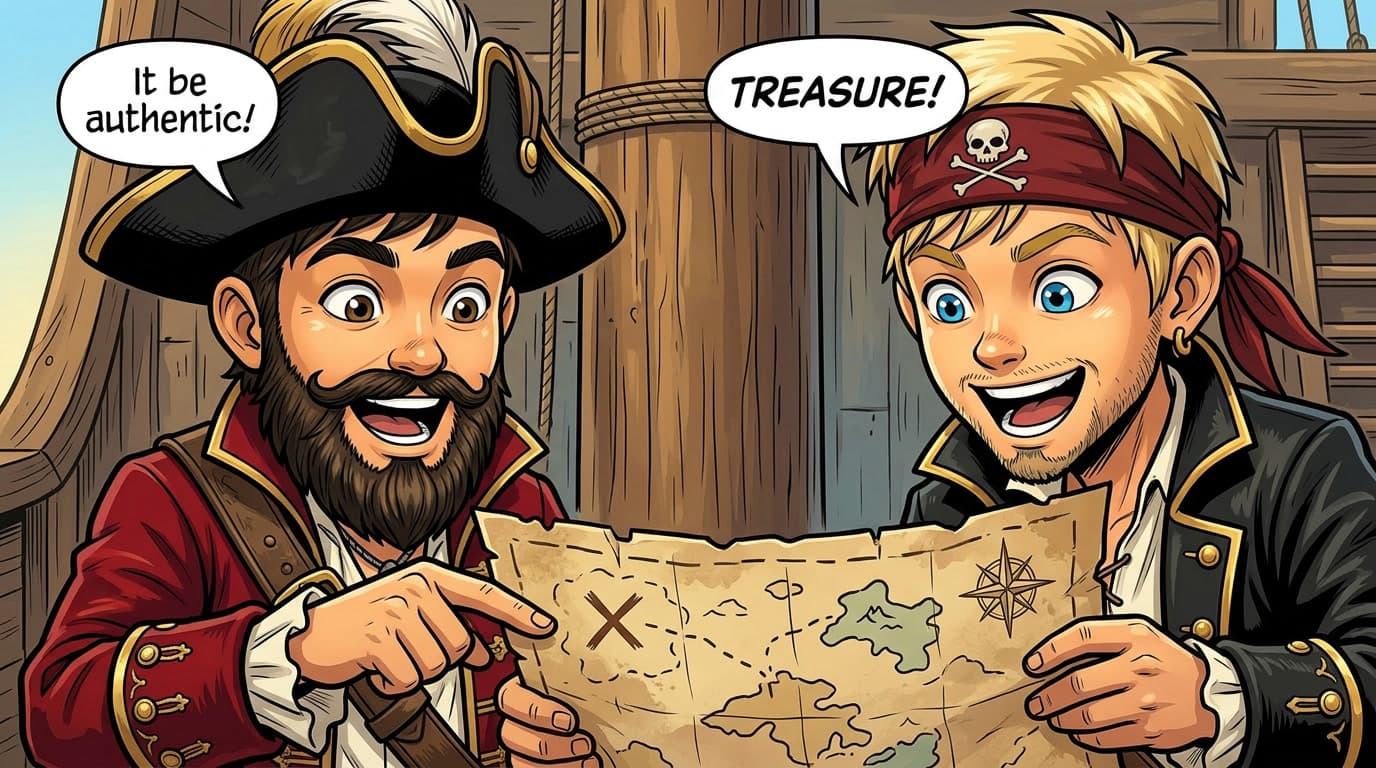 Close-up of Heads, ecstatic: 'It be authentic!' Tails: 'TREASURE!'